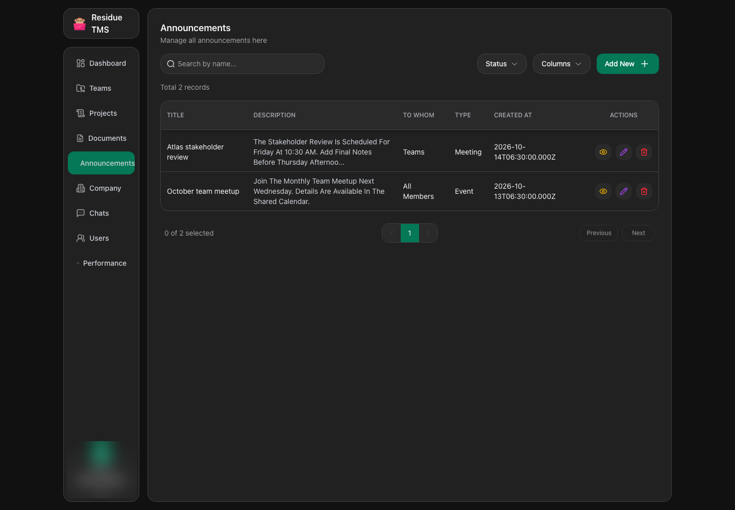 Residue TMS announcement management