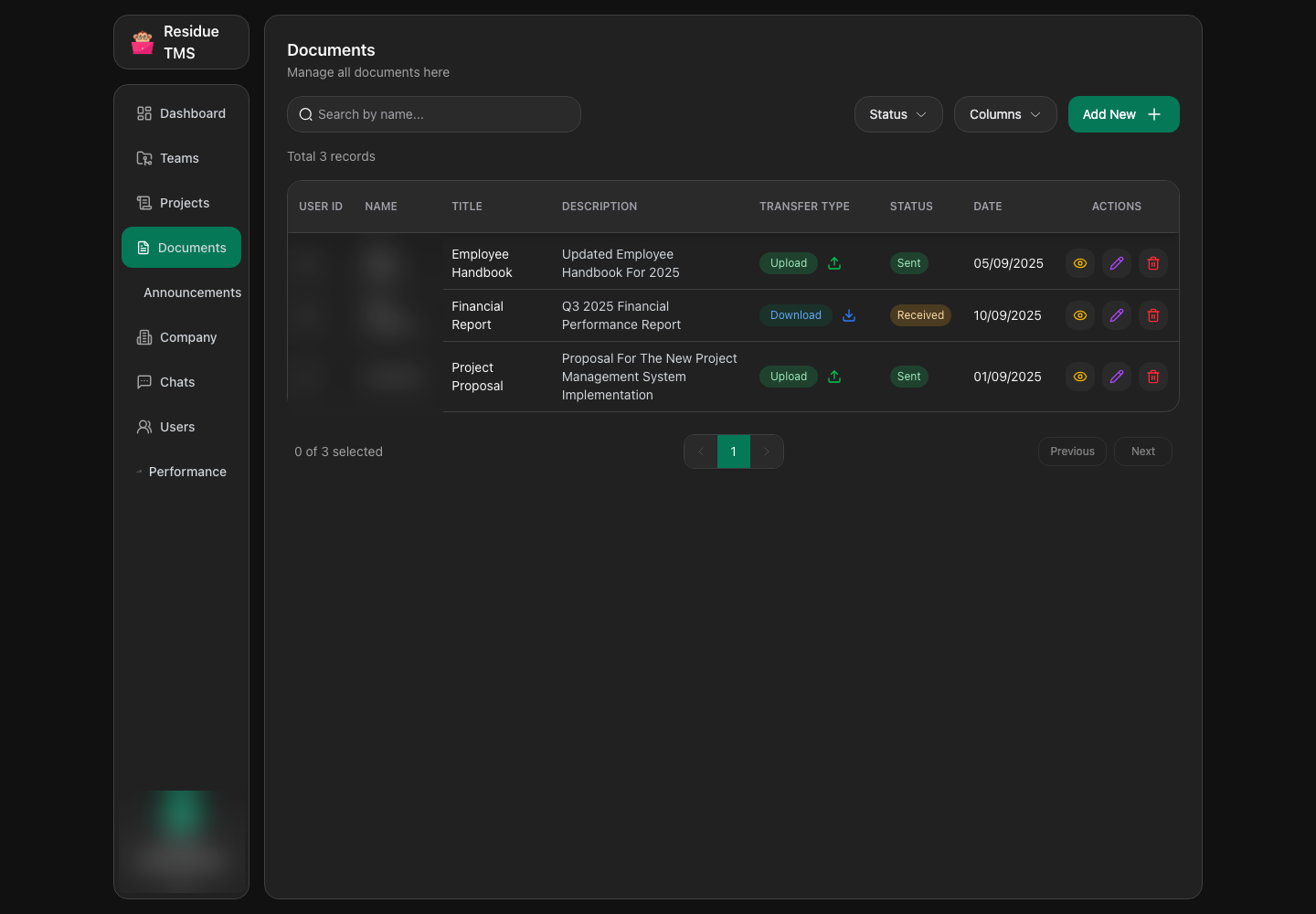 Residue TMS document management