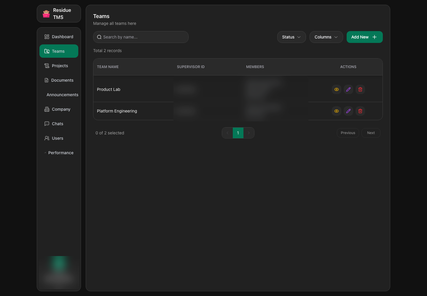 Residue TMS team management