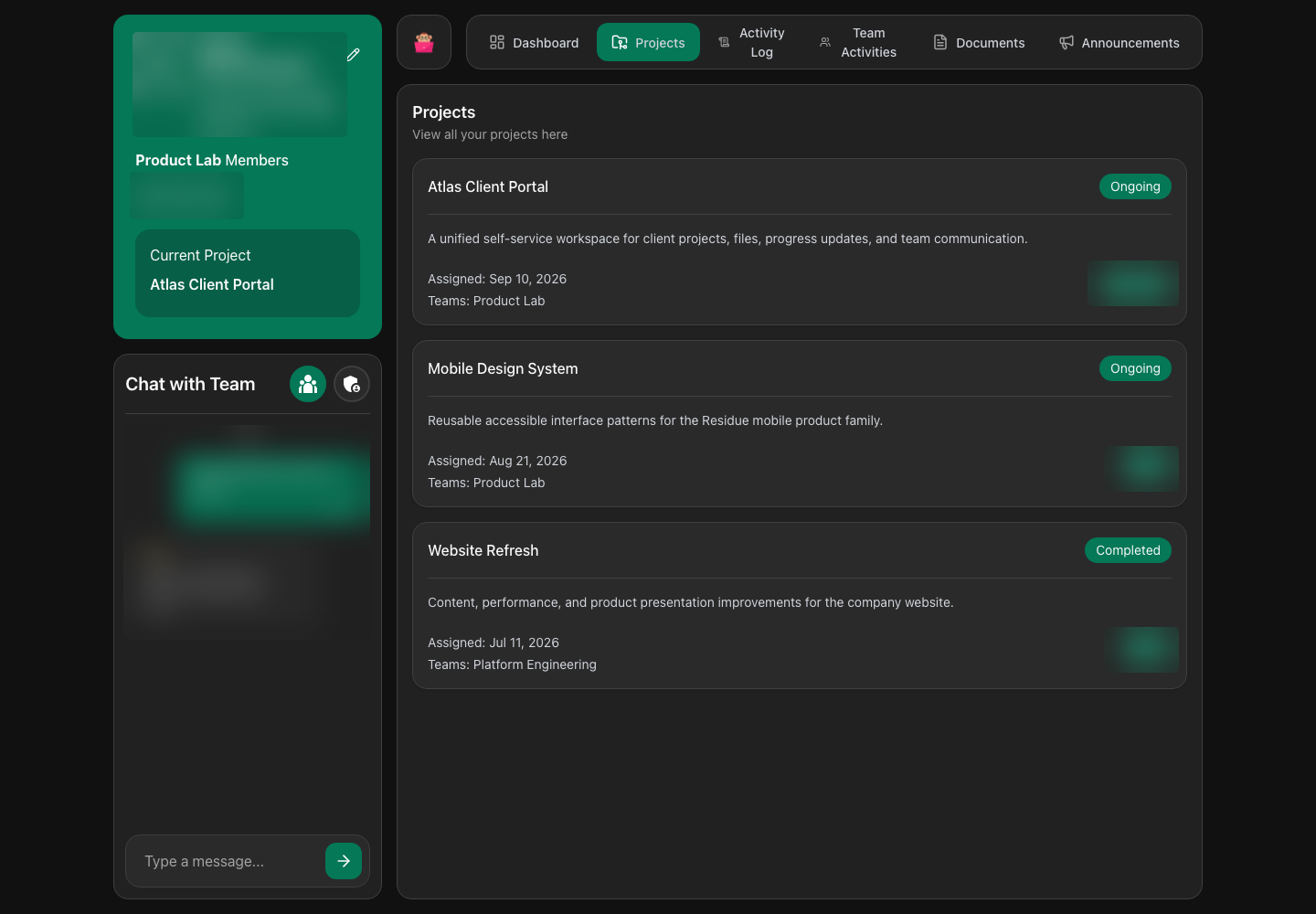 Residue TMS employee projects view